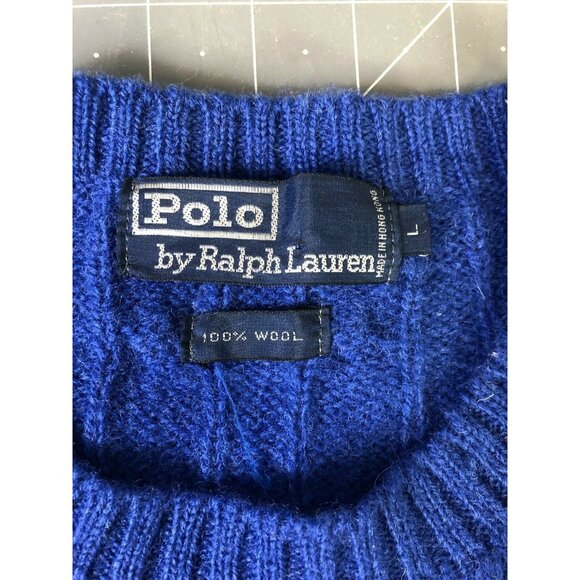Polo Ralph Lauren Blue Wool Cable Knit Crew Neck Pullover Sweater Men's Sz. L - Picture 5 of 5
